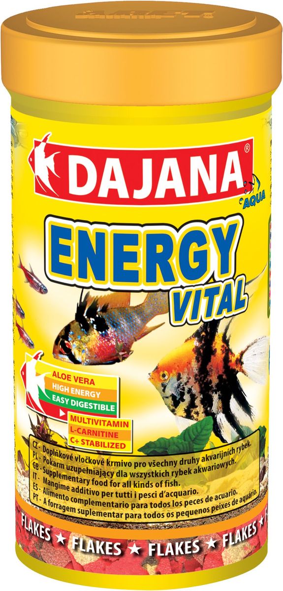 Корм для рыб Dajana Energy Vital Flakes, 100 млDP009A Корм для рыб Dajana Energy Vital Flakes, 100 млDP009AДополнительный корм для всех видов аквариумных рыб с экстрактом алое-веры и L-карнитина оказывает положительное воздействие на пищеварительную систему.