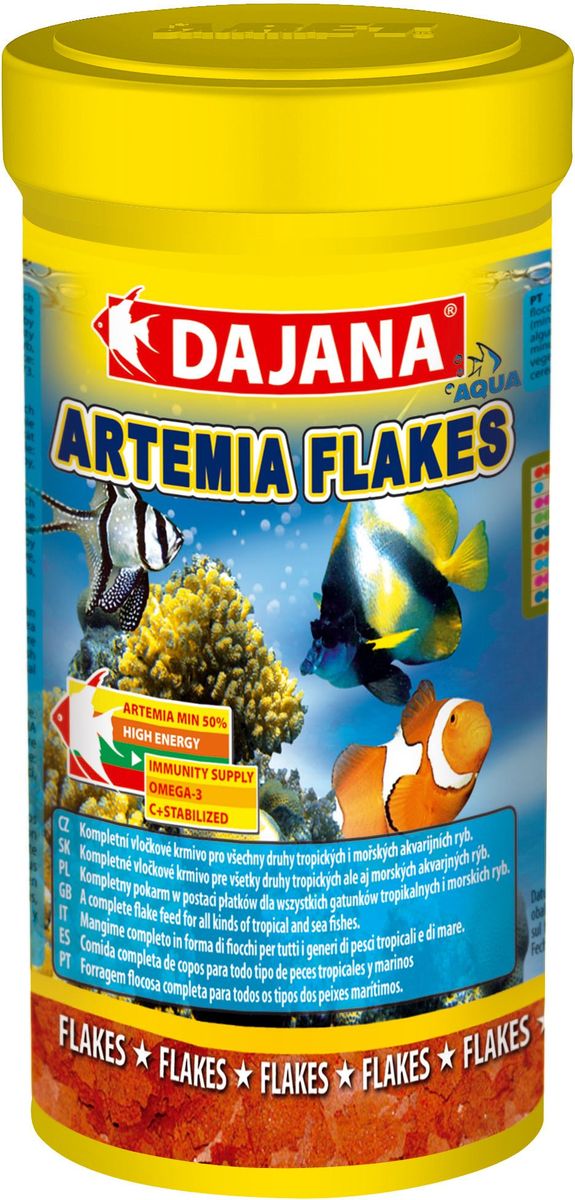 Корм для рыб Dajana Artemia Flakes, 100 млDP011A Корм для рыб Dajana Artemia Flakes, 100 млDP011AКомплексный хлопьеобразный корм для всех видов тропических и морских рыб. Хлопья содержат более 40 компонентов и специально обогащены Artemie, мелкомолотыми улитками, мягкотелыми и морскими улитками.