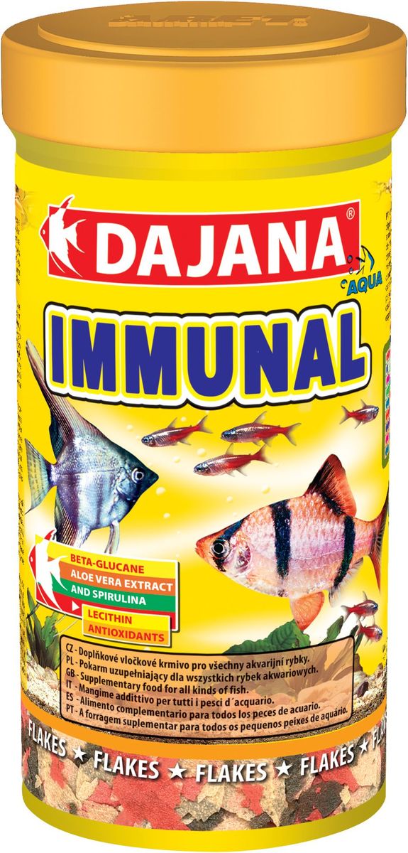 Корм для рыб Dajana Immunal Flakes, 100 млDP012A Корм для рыб Dajana Immunal Flakes, 100 млDP012AДополнительный хлопьеобразный корм для всех видов аквариумных рыб. Хлопья содержит бета-глюкан и экстракт алое-вера, способствующие укреплению иммунной системы организма.