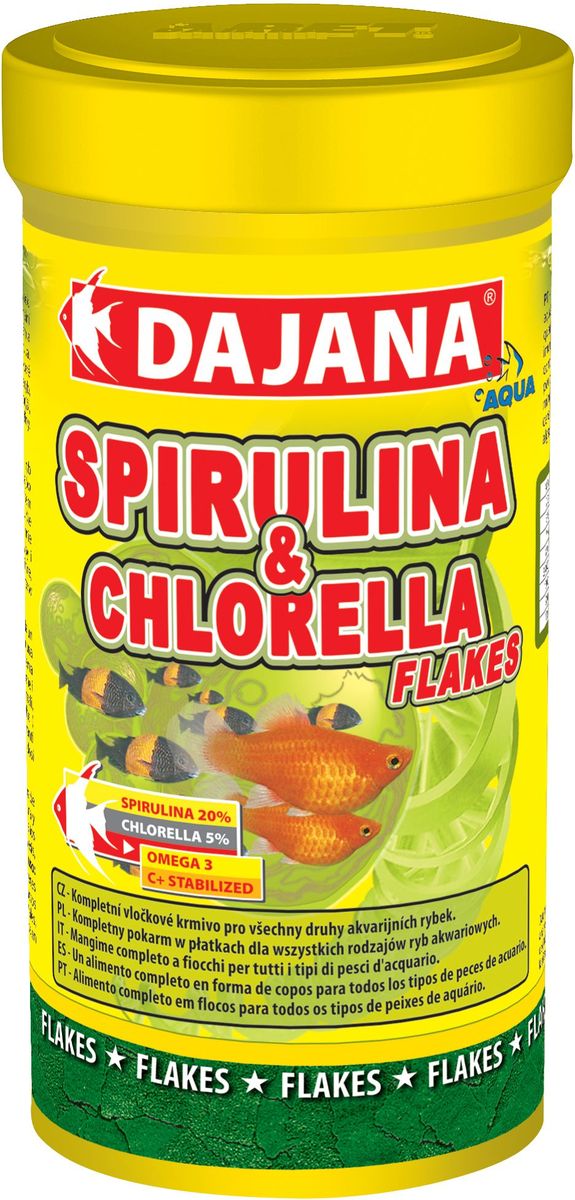 Корм для рыб Dajana Spirulina & Chlorella Flakes, 250 млDP013B Корм для рыб Dajana Spirulina & Chlorella Flakes, 250 млDP013BКомплексный хлопьеобразный корм для всех видов рыб. Содержит 25% водорослей Spirulina и Chlorella, что составляет оптимальное соотношение для всех видов рыб.