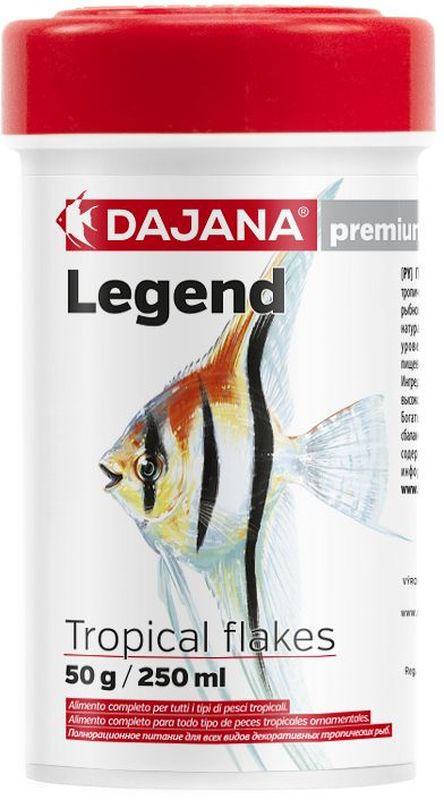 Корм для рыб Dajana Legend Tropical Flakes, 100 млDP016A1 Корм для рыб Dajana Legend Tropical Flakes, 100 млDP016A1Полнорационный хлопьеобразный корм для всех видов декоративных тропических рыб. Корм Legend изготавливается по новой премиум-формуле, имититующей корм рыб в дикой природе, улучшает пищеварение укрепляет иммунную систему, помогает здоровой окраске рыб, снижает биологическую нагрузку в аквариуме.