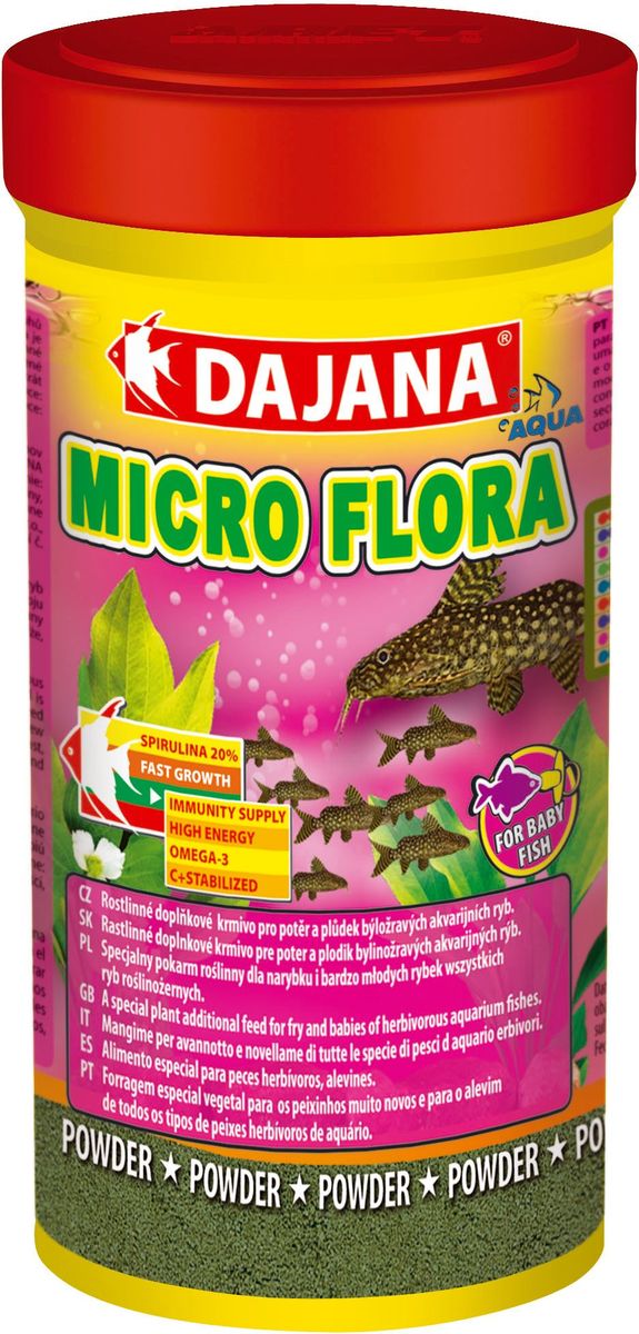 Корм для рыб Dajana Micro Flora, 100 млDP026A Корм для рыб Dajana Micro Flora, 100 млDP026AMicro Flora - Специальный легкий порошкообразный корм для мальков. Содержит натуральные компоненты с добавлением спирулины максима для травоядных видов рыб.
