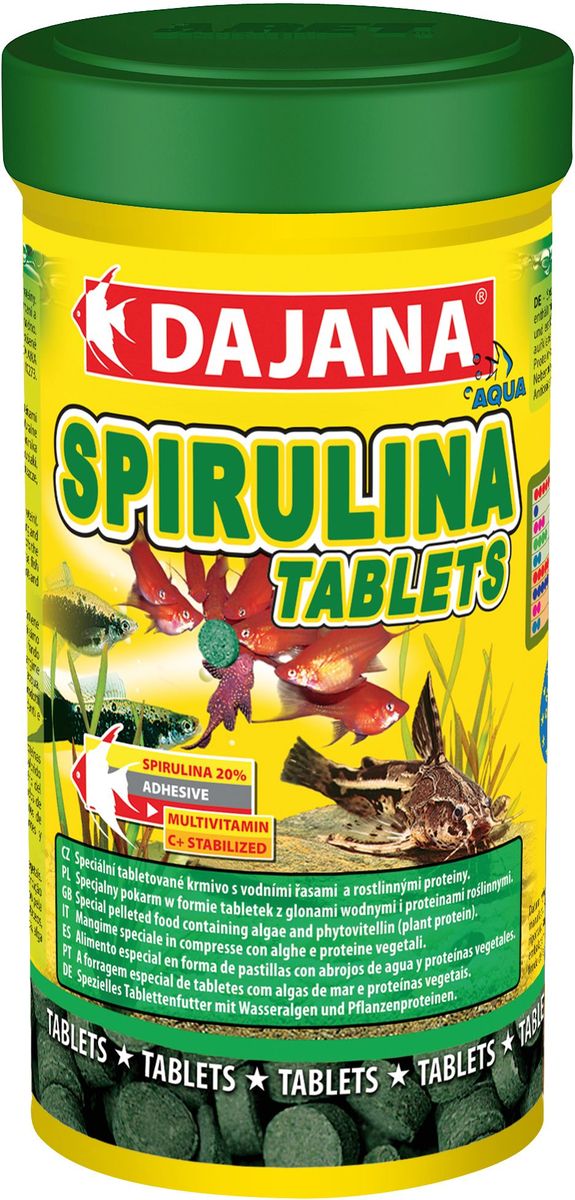 Корм для рыб Dajana Spirulina Tablets, 100 млDP053A Корм для рыб Dajana Spirulina Tablets, 100 млDP053AКорм в таблетках с водорослями для всех видов аквариумных рыб. Содержит не менее 20% водорослей Spirulina, способствует интенсивной окраске и хорошему состоянию здоровья рыб.