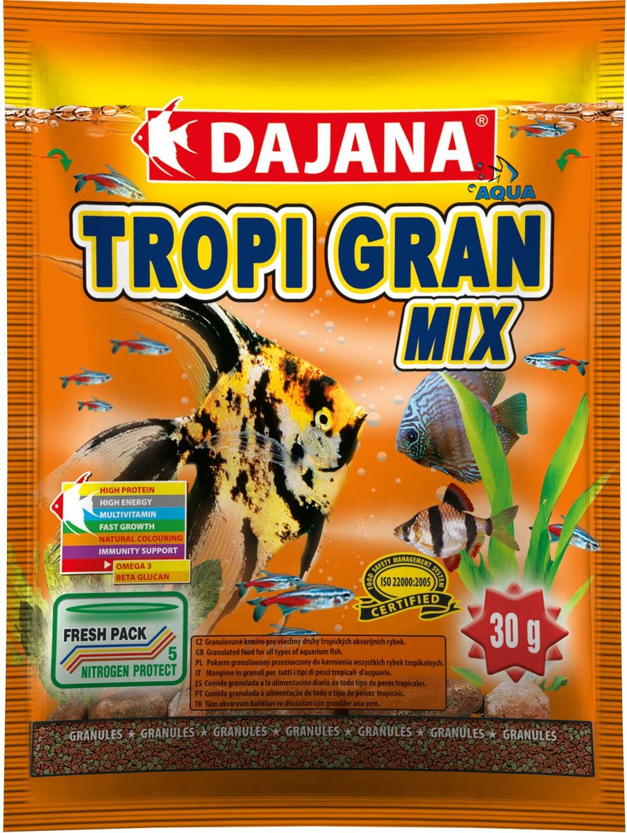 Корм для рыб Dajana Tropi Gran, 80 млDP100S Корм для рыб Dajana Tropi Gran, 80 млDP100SВысококачественный корм для рыбок в виде гранул для всех видов тропических аквариумных рыбок. Идеально подходит для кормления дискусов. Содержит в составе витамины А, E, C, D3, а так же полезные микроэлементы.
