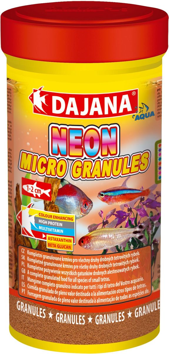 Корм для рыб Dajana Neon Micro Granules, 250 млDP103B Корм для рыб Dajana Neon Micro Granules, 250 млDP103BПолноценный гранулированный корм премиум-класса для ежедневного кормления неонов и других видов тетр в аквариуме. Корм содержит высокую долю белка, витаминов и минералов для обеспечения роста и здоровья рыб.