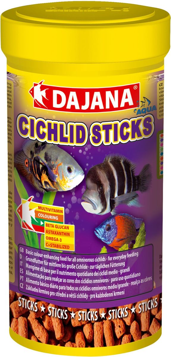 Корм для рыб Dajana Cichlid Sticks, 1 лDP111D Корм для рыб Dajana Cichlid Sticks, 1 лDP111DКомплексный корм плавающих палочек – стиксов для ежедневного кормления крупных и средних рыб семейства цихлид. Содержит широкий спектр натуральных ингредиентов, особенно растительных и животных белков, минералов и натуральных витаминов, а также природный стимулятор иммунной системы бета-глюкан. Обеспечивает правильное развитие рыбы, яркий окрас и дополнительную защиту организма ваших рыбок.