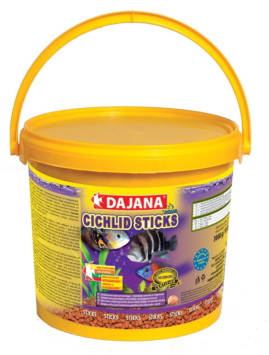 Корм для рыб Dajana Cichlid Sticks, 10 лDP111G Корм для рыб Dajana Cichlid Sticks, 10 лDP111GОсновной комплексный корм в виде плавающих палочек – стиксов для ежедневного кормления крупных и средних рыб семейства цихлид содержит широкий спектр натуральных ингредиентов, особенно растительных и животных белков, минералов и натуральных витаминов, а также природный стимулятор иммунной системы бета-глюкан. Обеспечивает правильное развитие рыбы, яркий окрас и дополнительную защиту организма ваших рыбок. Производится только из натуральных ингредиентов высокого качества, хорошо усваивается и не мутит воду в аквариуме.