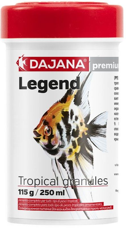 Корм для рыб Dajana Legend Tropical Granules, 100 млDP117A1 Корм для рыб Dajana Legend Tropical Granules, 100 млDP117A1Полнорационный корм в гранулах для всех видов декоративных рыб. Корм Legend изготавливается по новой премиум-формуле, ими титующей корм рыб в дикой природе, улучшает пищеварение укрепляет иммунную систему, помогает здоровой окраске рыб, снижает биологическую нагрузку в аквариуме.