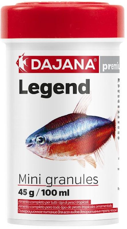 Корм для рыб Dajana Legend Mini Granules, 100 млDP121A1 Корм для рыб Dajana Legend Mini Granules, 100 млDP121A1Полнорационный корм в мини-гранулах для всех видов декоративных рыб. Корм Legend изготавливается по новой премиум-формуле, ими титующей корм рыб в дикой природе, улучшает пищеварение укрепляет иммунную систему, помогает здоровой окраске рыб, снижает биологическую нагрузку в аквариуме.