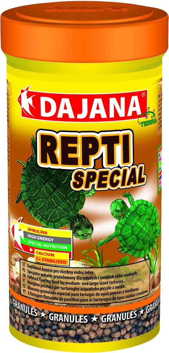 Корм для водных черепах Dajana Repti Special, 250 млDP152B Корм для водных черепах Dajana Repti Special, 250 млDP152BДополнительный корм для всех водяных черепах. Плавающий корм в виде шариков для молодых и средних водяных черепах с содержанием спирулинны. Способствует развитию и повышению иммунитета молодого организма.