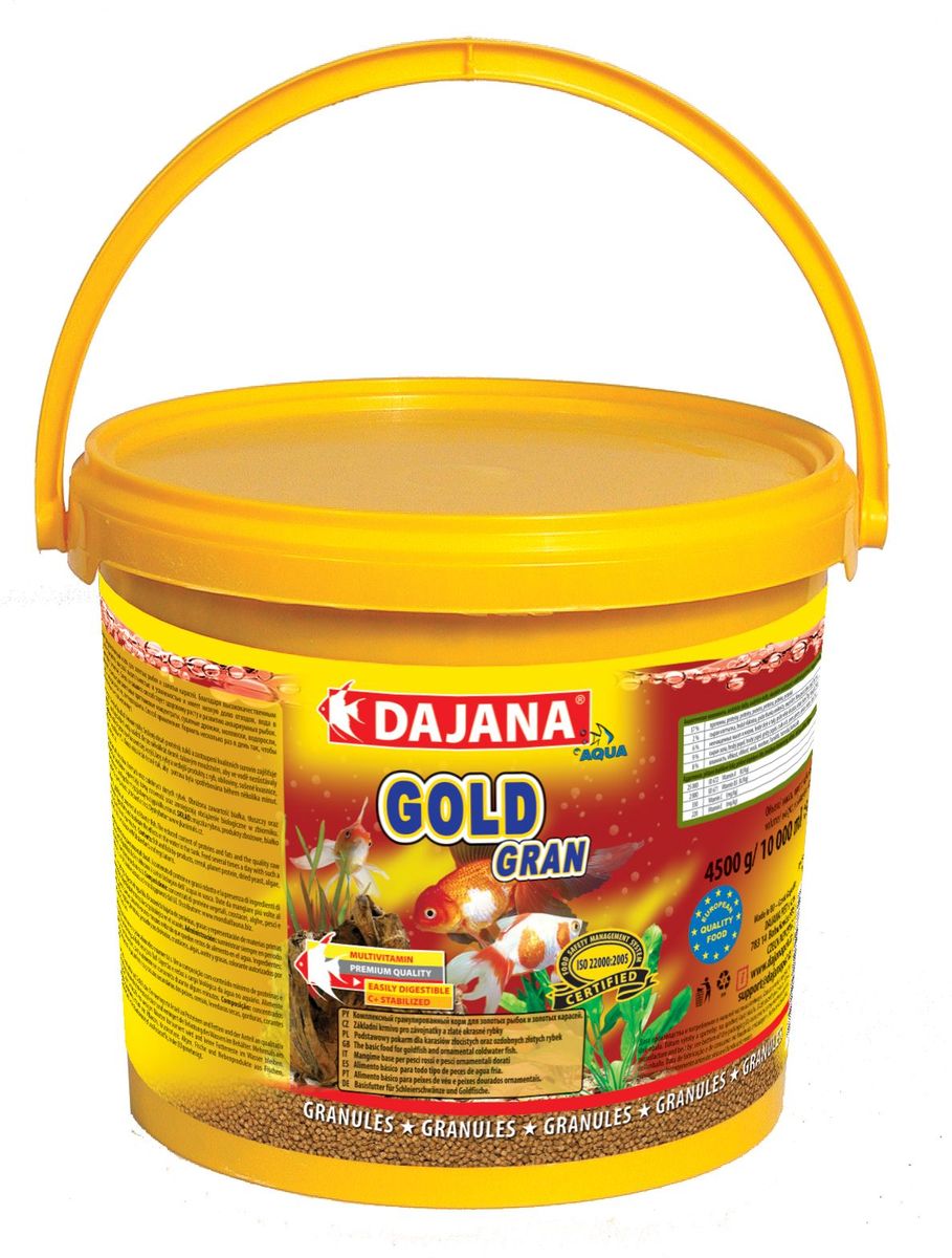 Корм для рыб Dajana Gold Gran, 10 лDP101G Корм для рыб Dajana Gold Gran, 10 лDP101GКомплексный корм в виде гранул для всех видов золотых рыб, включая их различные селекционные формы. При ежедневном использовании корма, вы можете рассчитывать на здоровый рост и великолепную форму ваших золотых рыб.Гранулированный корм содержит все необходимые питательные вещества высокого качества, стабилизированный витамин С, который улучшает иммунитет к инфекционным заболеваниям и стрессоустойчивость. Корм состоит из высококачественных, натуральных ингредиентов, поэтому хорошо усваивается и имеет низкую долю отходов.