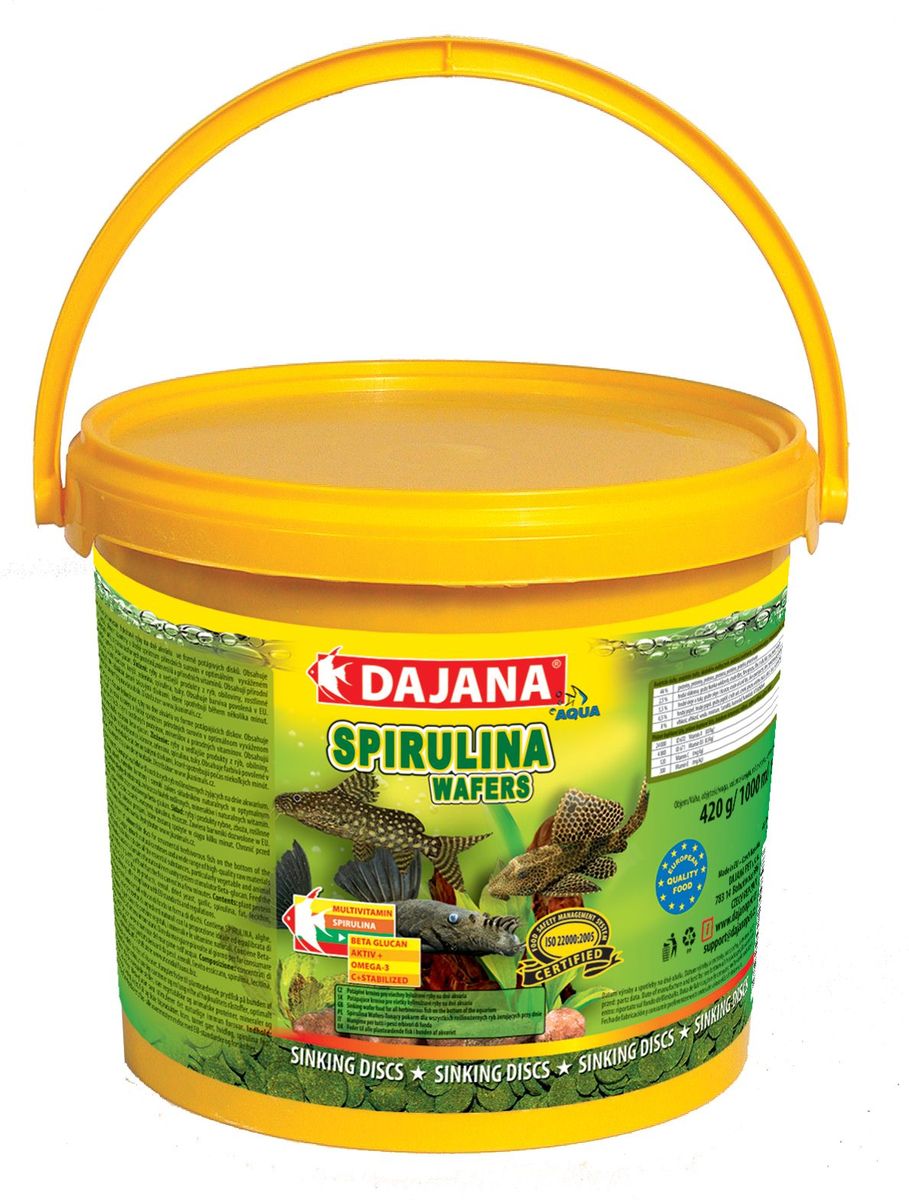 Корм для рыб Dajana Spirulina Wafers, 5 лDP060F Корм для рыб Dajana Spirulina Wafers, 5 лDP060FКомплексный корм в виде тонущих пластинок для декоративных травоядных рыб, обитающих на дне аквариума. Идеален для всех видов сомиков. Содержит спирулину, шпинат, природный каротин и широкий диапазон высококачественных природных веществ в оптимальной сбалансированной формуле. Благодаря специальному рецепту приготовления, корм Dajana Spirulina Wafers не мутит воду аквариуме.