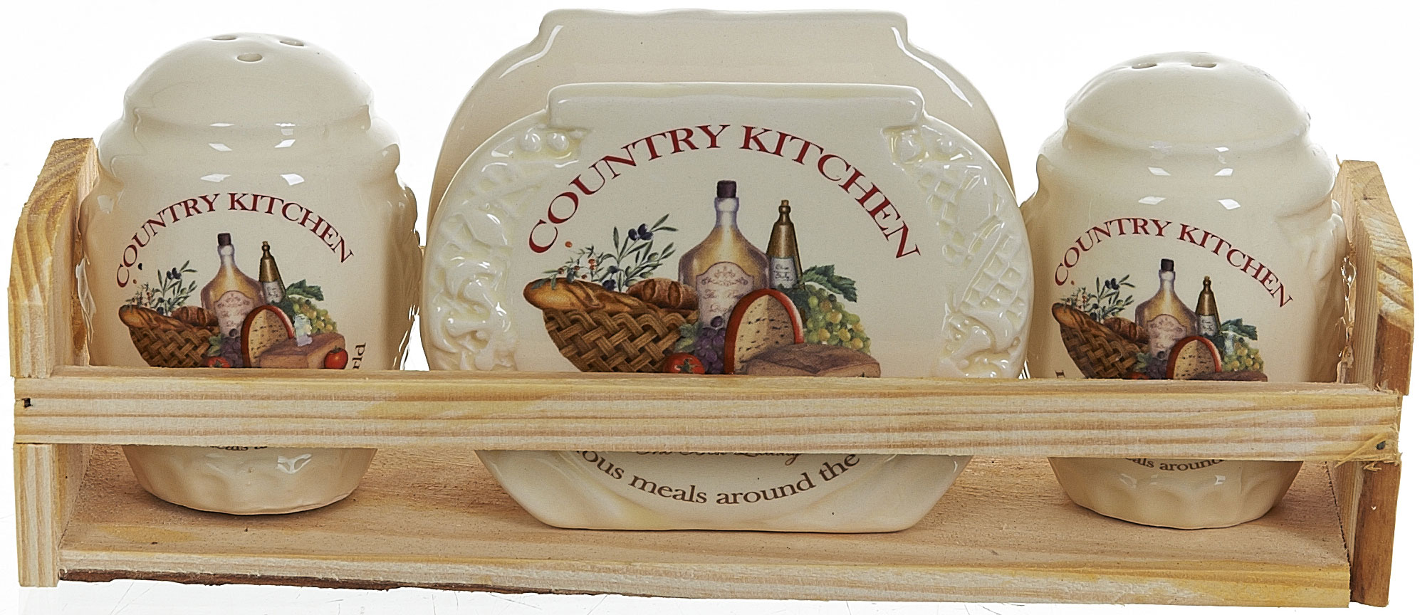 Набор для специй Polystar Country Kitchen, 4 предметаL0210037 Набор для специй Polystar Country Kitchen, 4 предметаL0210037Набор для специй и салфетница Country Kitchen выполнены из высококачественной керамики, на деревянной подставке. Благодаря своим компактным размерам не займет много места на вашей кухне. Солонка, перечница и салфетница декорированы оригинальным рисунком. Набор Country Kitchen станет отличным подарком каждой хозяйке.