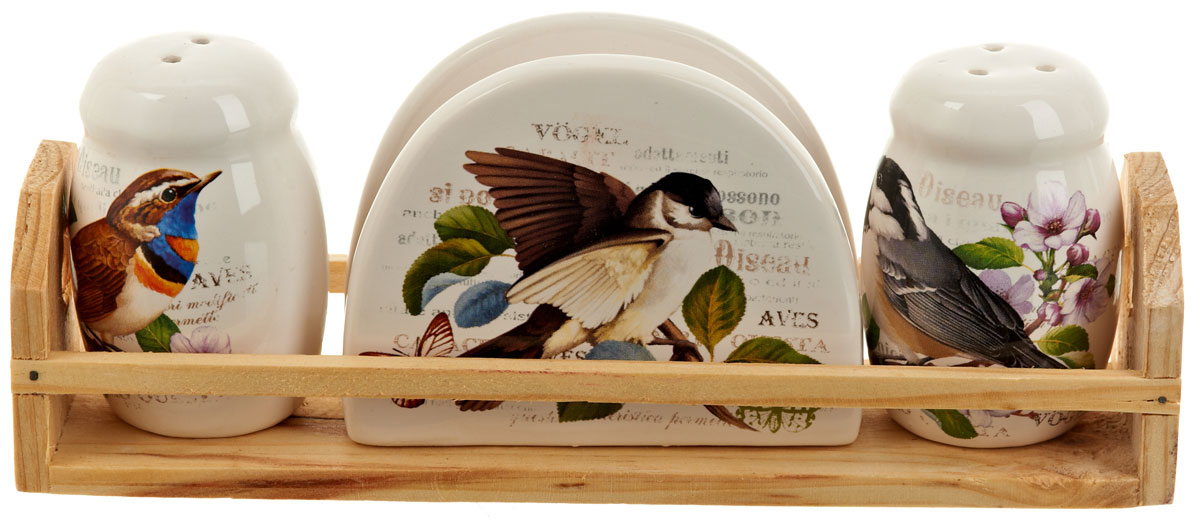 Набор для специй Polystar Birds, 4 предметаL0280044 Набор для специй Polystar Birds, 4 предметаL0280044Набор для специй и салфетница Birds выполнены из высококачественной керамики, на деревянной подставке. Благодаря своим компактным размерам не займет много места на вашей кухне. Солонка, перечница и салфетница декорированы рисунком с изображением птиц. Набор Birds станет отличным подарком каждой хозяйке.