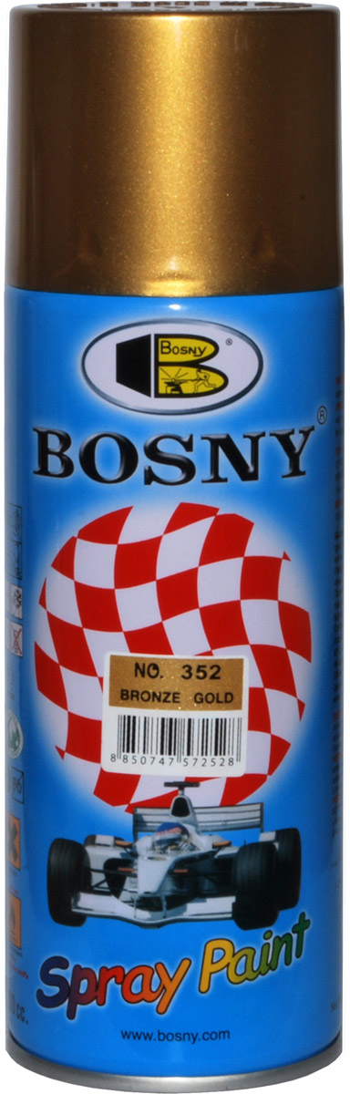 Аэрозольная краска Bosny, цвет: 352 темное золото, 400 мл352 Аэрозольная краска Bosny, цвет: 352 темное золото, 400 мл352Краска металлик BOSNY используется для наружных и внутренних малярных работ, для окраски зданий и сооружений, транспортных средств, как частичной, так и полной. Может использоваться художниками и дизайнерами при создании картин и окрашивания небольших по площади элементов дизайна помещений. Прекрасно подходят не только для транспортных средств, но и для любого другого оборудования, такого как кухонное, например. Они могут успешно использованы для декорирования различных деталей интерьера и разных поверхностей не только в быту, но и в офисе или магазине. Аэрозольная краска на акрилово-эпоксидной основе является наиболее экономичным вариантом. Срок годности 5 лет.