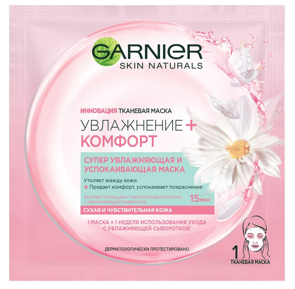 Garnier Тканевая маска Увлажнение + Комфорт, супер увлажняющая и успокаивающая, для сухой и чувствительной кожи, 32 грC5513400 Garnier Тканевая маска Увлажнение + Комфорт, супер увлажняющая и успокаивающая, для сухой и чувствительной кожи, 32 грC5513400Тканевая маска - это новое поколение средств для интенсивного увлажнения кожи, пришедшее из Азии. Инновационная тканевая маска пропитана гелем. Нанесенная на лицо, маска действует как компресс, увлажняющий глубокие слои кожи*. Тканевая маска мгновенно увлажняет кожу и дарит ощущение комфорта, как после массажа. Это настоящий момент заботы о себе и своей коже. Инновация тканевая маска. Увлажнение + КОМФОРТ супер увлажняющая и успокаивающая маска. Утоляет жажду кожи + Придает комфорт, успокаивает покраснения. Экстракт ромашки + Гиалуроновая кислота + Увлажняющая сыворотка. Сухая и чувствительная кожа. 1 Маска = 1 Неделя использования ухода с увлажняющей сывороткой**. (*Эпидермиса) (**Увлажняющая сыворотка - активный компонент увлажняющих уходов Garnier (глицерин))
