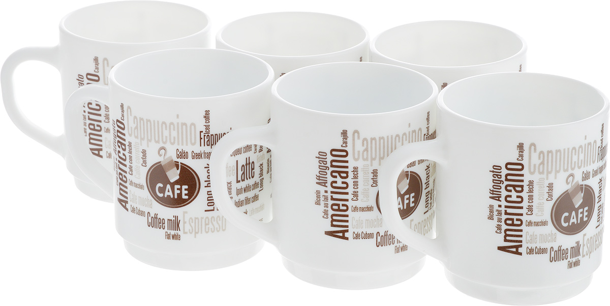 Набор кружек Luminarc Coffeepedia, 290 мл, 6 штL7713 Набор кружек Luminarc Coffeepedia, 290 мл, 6 штL7713Набор Luminarc Coffeepedia состоит из шести кружек. Предметы набора изготовлены из высококачественного стекла и обладают высокой степенью прочности, устойчивостью к царапинам и резким перепадам температур. Кружки оформлены оригинальными надписями в кофейной тематике. Чайный набор яркого и лаконичного дизайна, украсит интерьер кухни и сделает ежедневное чаепитие настоящим праздником. Можно использовать в микроволновой печи, и мыть в посудомоечной машине. Бренд Luminarc - это один из лидеров мирового рынка по производству посуды и товаров для дома. В основе процесса изготовления лежит высококачественное сырье, а также строгий контроль качества. Товары для дома Luminarc уважают и ценят во всем мире, а многие эксперты считают данного производителя эталоном совершенства. Объем чашек: 290 мл. Диаметр чашек (по верхнему краю): 7,8 см. Высота чашек: 8,5 см.