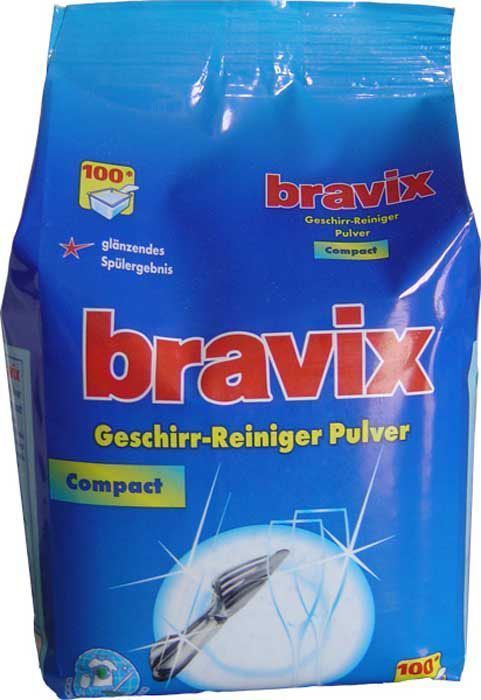 Порошок для мытья посуды Bravix, для посудомоечных машин, 100 моек, без фосфатов, концентрат, 1,8 кг1518 Порошок для мытья посуды Bravix, для посудомоечных машин, 100 моек, без фосфатов, концентрат, 1,8 кг1518Специальное суперэффективное средство для мытья посуды в посудомоечных машинах без хлора и фосфатов. Порошок для посудомоечных машин Bravix обеспечивает кристальную чистоту посуды, специальные компоненты на основе кислорода расщепляют остатки пищи, удаляют застарелые пятна. Порошок для посудомоечных машин Бравикс моет до блеска даже в жесткой воде, пригоден для всех типов ПММ. Применение: для ПММ вместимостью 10-12 персон засыпать в отсек для моющего средства 18 г порошка. Состав: менее 5% неанионные тензиды, поликарбоксилат, 5-15% кислородный отбеливатель