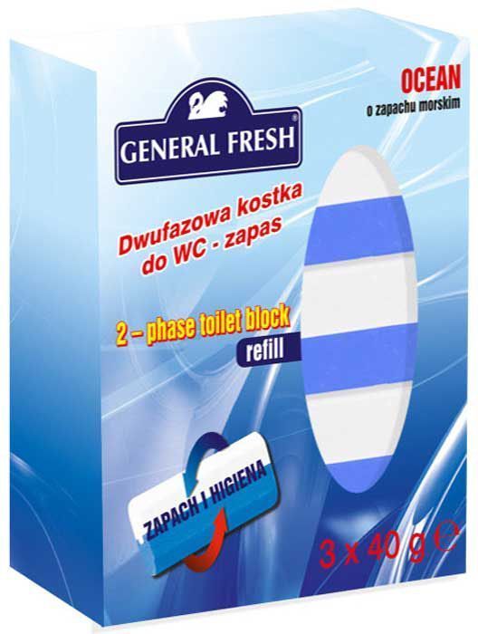Двухкомпонентный ароматический вкладыш к подвеске General Fresh, 3 х 40 г. 514032514032 Двухкомпонентный ароматический вкладыш к подвеске General Fresh, 3 х 40 г. 514032514032Двухкомпонентный ароматический блок для унитазов обладает антибактериальным эффектом. Обеспечивает: устойчивый свежий аромат в туалетной комнате, гигиеническую чистоту и защиту от известкового налета.