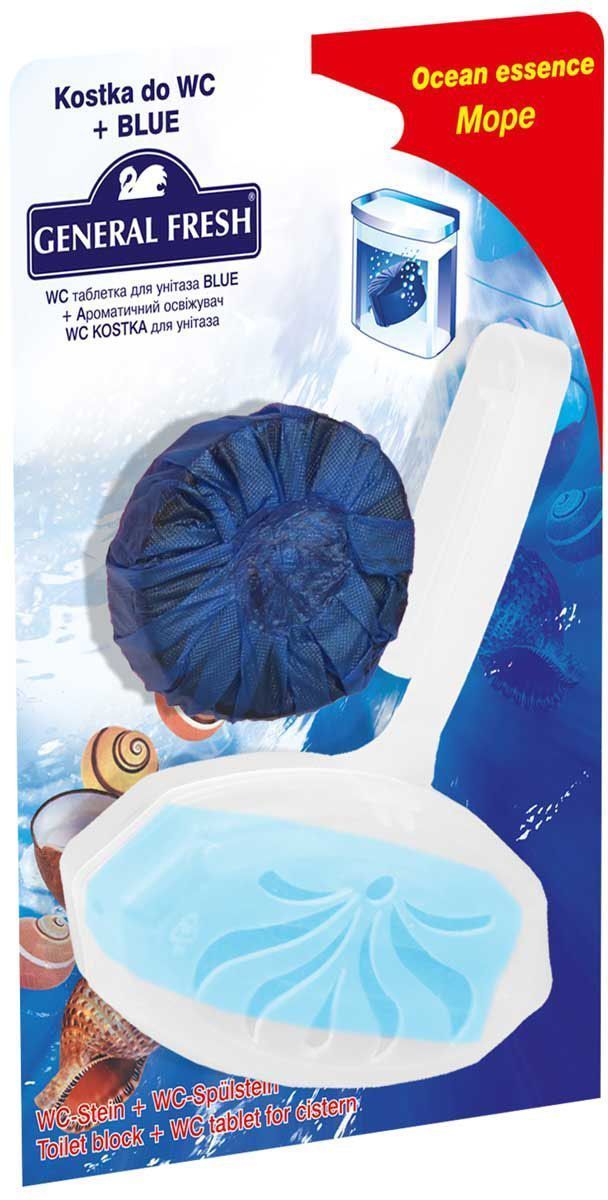 Подвеска для очистки и ароматизации туалета General Fresh WC Kostka, + WC таблетка Blue, 1 шт. 570200570200 Подвеска для очистки и ароматизации туалета General Fresh WC Kostka, + WC таблетка Blue, 1 шт. 570200570200Очищают поверхность унитаза, предотвращая образование известкового налета. Уничтожают бактерии даже в труднодоступных местах. Создают обильную пену и стойкий свежий аромат при каждом сливе воды.