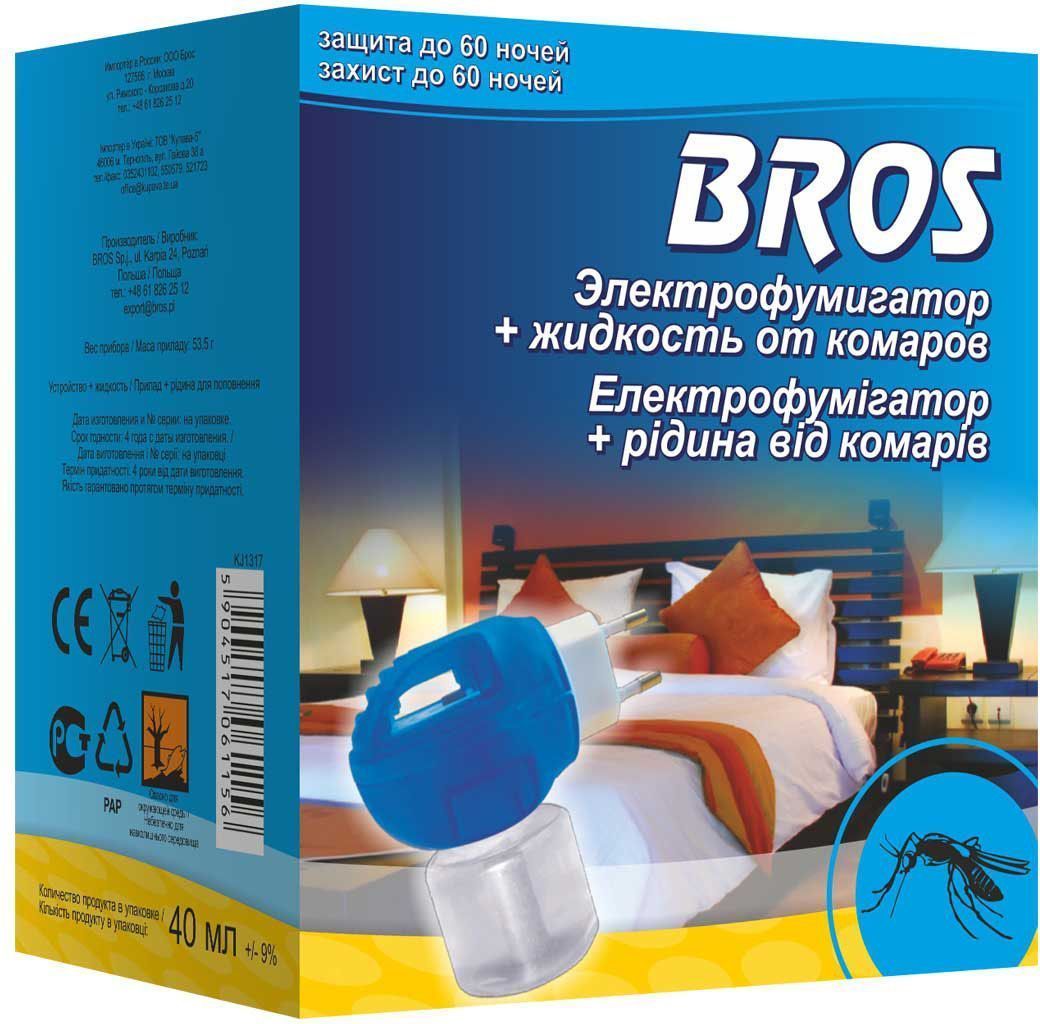 Электрофумигатор BROS, в комплекте жидкость от комаров, на 60 ночей, 1 шт.710246 Электрофумигатор BROS, в комплекте жидкость от комаров, на 60 ночей, 1 шт.710246BROS Электрофумигатор и жидкость от комаров 60 ночей. Обеспечивая защиту от летающих насекомых, в особенности, комаров, и мух. Включенное в розетку устройство вызывает испарение вещества, которое воздействует на насекомые, уже находящиеся в помещении, а также защищает помещение от новых, влетающих снаружи. Длительное действие препарата гарантирует спокойный сон в течение многих летних ночей. Для уничтожения комаров и других летающих насекомых (москитов, мошек) в помещениях в практике медицинской дезинсекции специалистами организаций, имеющих право заниматься дезинфекционной деятельностью, и в быту. Защищает помещение до 20 м2 (около 50 м3) в течение 60 ночей при применении 8 часов в день. Оптимальная защита начинается уже через 30 мин. после включения. Применение: Достать из упаковки флакон с жидкостью, снять защитный колпачок, ввернуть флакон в электрофумигатор до упора и включить его в электросеть (220 V) при вертикальном положении флакона. При открытых окнах или...