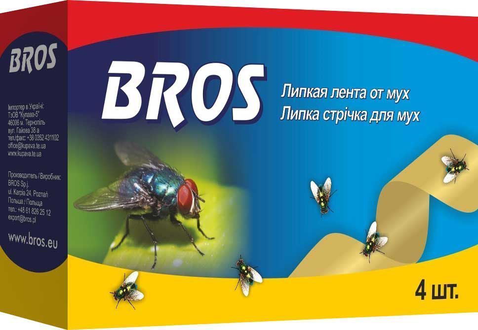 Лента от мух BROS, висячие, 4 шт.710278 Лента от мух BROS, висячие, 4 шт.710278BROS Висячие ленты-мухоловы. Не содержит инсектицидных веществ. Формула невысыхающего клея обеспечивает долговременную эффективность при различной температуре и влажности. Лента защищает также от фруктовых мушек и пищевой моли. 4 шт Липкая лента от мух для уничтожения мух в помещениях. Применение: Перед применением разогреть ленту в руках. Медленно при легком поворачивании вытянуть ленту за петлю из упаковки. Подвесить ленту в местах наибольшего скопления мух из расчета 1 - 2 ленты в помещении площадью 15 м2. Ленты можно применять в присутствии людей, домашних животных, птиц, рыб. Состав: ароматические алифатические смолы, функциональные и технологические компоненты. Не содержит инсектицидов.