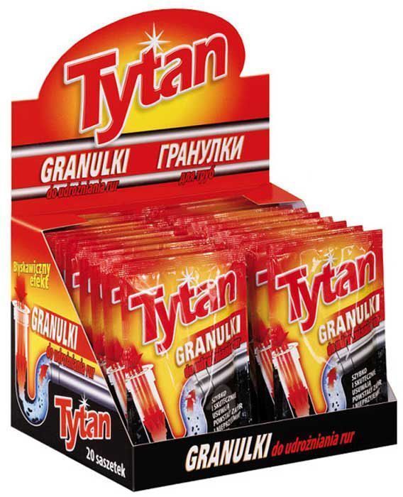 Гранулированное средство Tytan, для чистки канализационных труб, 1 х 50 г730510 Гранулированное средство Tytan, для чистки канализационных труб, 1 х 50 г730510Гранулированный порошок для улучшения проходимости труб TYTAN предназначен для труб кухонных раковин, раковин-умывальников, ванн и прочего водоотводящего оборудования. Быстро и эффективно растворяет кухонные отходы, волосы, старый жир и бумагу. Оставляет после себя свежий запах.