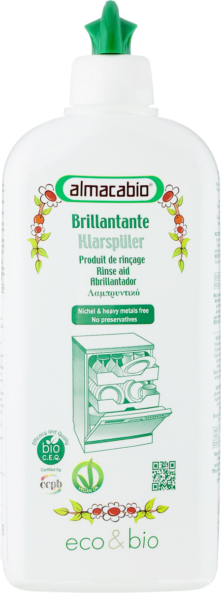 Ополаскиватель и полироль для посуды Almacabio Rinse and Dish Polish, 500 мл15545 Ополаскиватель и полироль для посуды Almacabio Rinse and Dish Polish, 500 мл15545Экологическое средство для ополаскивания и полирования посуды Almacabio Rinse and Dish Polish подходит при использовании в посудомоечных машинах. Средство удаляет остатки моющих средств, ароматизирует, придает посуде блеск, предотвращает появление пятен и разводов от воды и накипи, позволяет избежать появления следов от капель на посуде после высыхания. Не содержит фосфаты, консерванты и компоненты животного происхождения. Предотвращает образование накипи и отложений в посудомоечной машине. Товар сертифицирован.
