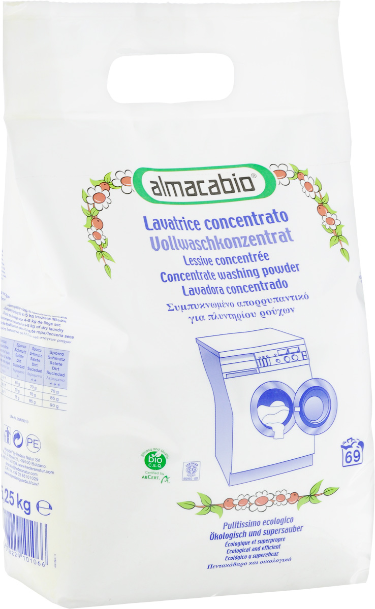 Порошок стиральный Almacabio Washing Powder Pack, 5,25 кг10106 Порошок стиральный Almacabio Washing Powder Pack, 5,25 кг10106Стиральный порошок Almacabio Washing Powder Pack идеально подходит для стирки постельного белья и одежды. Отлично удаляет загрязнения, смешанные пятна, пятна от жира, органических отходов. Устраняет неприятные запахи и оставляет приятный аромат. Придает одежде мягкость, смягчает волокна тканей. Не содержит загустителей, нейтрализует остатки щелочных веществ после стирки. Не требуется дополнительной специальной защиты стиральной машины от известковых отложений. Помогает предотвратить образование накипи и отложений. Подходит для машинной стирки. Не содержит фосфор, фосфаты, ферменты и ингредиенты природного происхождения. Товар сертифицирован.
