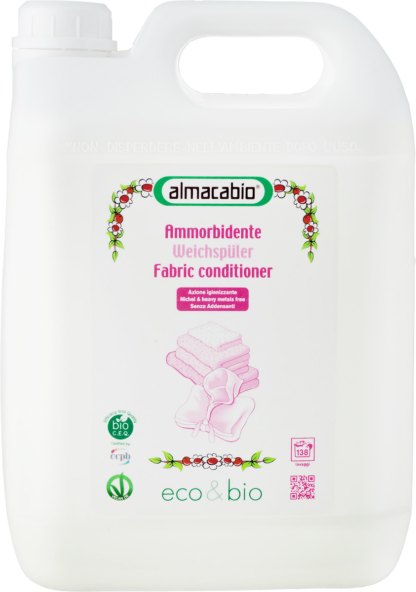 Кондиционер для белья Almacabio Fabric Conditioner, 5 л17747 Кондиционер для белья Almacabio Fabric Conditioner, 5 л17747Кондиционер для белья Almacabio Fabric Conditioner распрямляет ткани и снижает количество остатков кальция, оседающих на белье при стирке. Придает одежде мягкость, смягчает волокна тканей, обеспечивает мягкость льняной и деликатной одежды. Без загустителей. Облегчает процесс глажения. Деликатен к тканям, коже рук и ногтям, не требует использования перчаток, гипоаллергенно. Не содержит фосфор, фосфаты, энзимы и компоненты животного происхождения. Возможно загустение средства. Перед применением встряхивать. Товар сертифицирован.