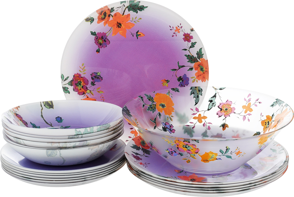 Набор столовый Luminarc Maritsa Purple, 19 предметовJ7606 Набор столовый Luminarc Maritsa Purple, 19 предметовJ7606Столовый набор Luminarc Maritsa Purple состоит из 6 суповых тарелок, 6 обеденных тарелок, 6 десертных тарелок и глубокого салатника. Изделия, выполненные из высококачественного ударопрочного стекла, оформлены цветочным рисунком и имеют классическую круглую форму. Посуда отличается прочностью, гигиеничностью и долгим сроком службы, она устойчива к появлению царапин и резким перепадам температур. Такой набор прекрасно подойдет как для повседневного использования, так и для праздников или особенных случаев. Изделия можно мыть в посудомоечной машине и использовать в микроволновой печи. Диаметр суповой тарелки (по верхнему краю): 20 см. Высота суповой тарелки: 4 см . Диаметр обеденной тарелки (по верхнему краю): 26 см. Высота обеденной тарелки: 1,8 см. Диаметр десертной тарелки (по верхнему краю): 20,5 см. Высота десертной тарелки: 1,7 см. Диаметр салатника (по верхнему краю): 27 см. Высота стенки...