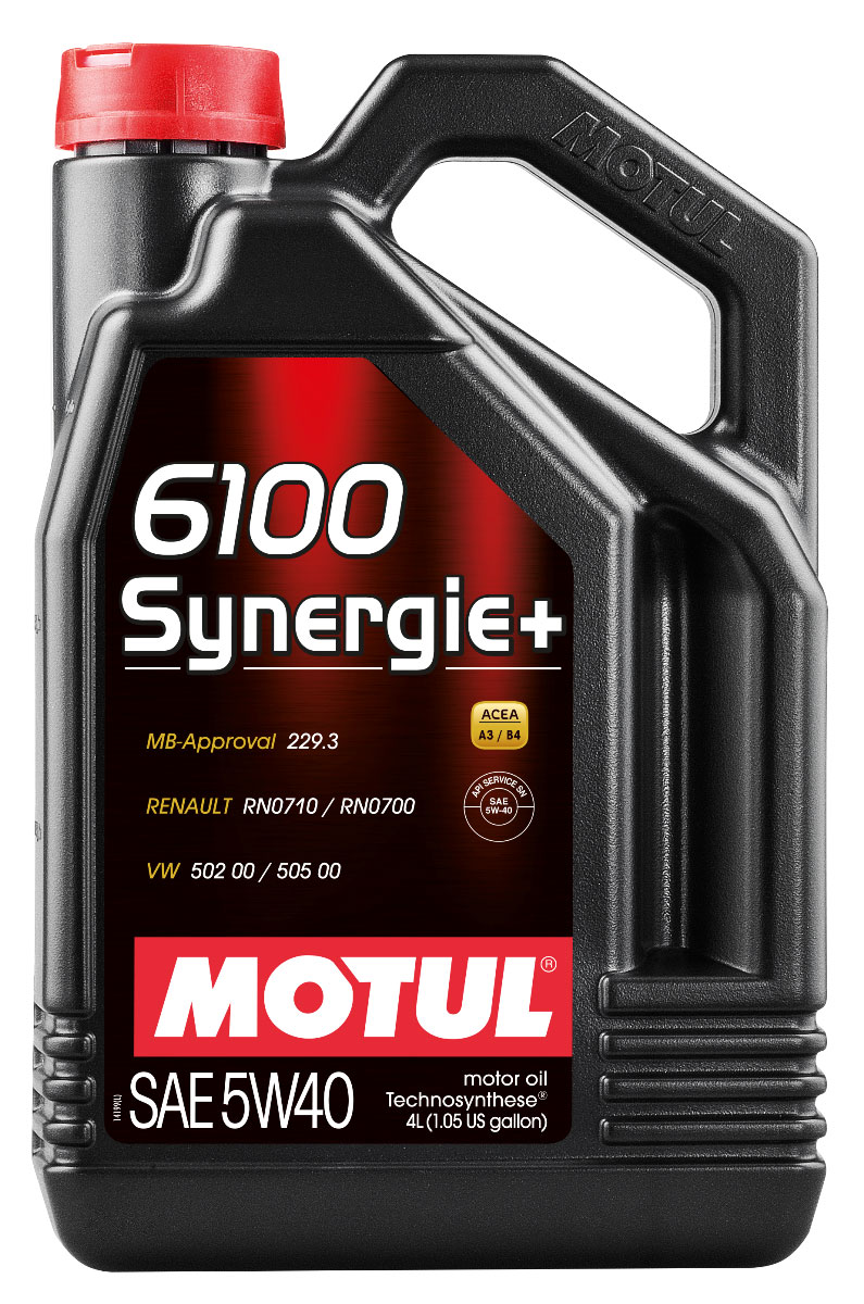 Масло моторное Motul 6100 Synergie+, синтетическое, 5W-40, 4 л106020 Масло моторное Motul 6100 Synergie+, синтетическое, 5W-40, 4 л106020Моторное масло для бензиновых и дизельных двигателей Technosynthese. Всесезонное моторное масло, созданное процессом Technosynthese. Рекомендуется для современных бензиновых и дизельных двигателей легковых автомобилей. Высокое качество продукта позволяет использовать его для высокотехнологичных двигателей: многоклапанных, инжекторных, турбированных. Допускается смешивать с высокотехнологичными минеральными и синтетическими маслами. ACEA Стандарты: ACEA A3/B4 API Стандарты: API SN/CF Одобрения: MB-Approval 229.3; VW 502 00 - 505 00; RN0710 - 0700