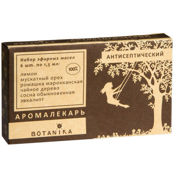 Botanika набор эфирных масел Антисептический набор, 6x1,5 мл00007889 Botanika набор эфирных масел Антисептический набор, 6x1,5 мл00007889Лимон. Являясь мощным бактерицидным средством, борется с микроорганизмами, вызывающими воспалительный процесс. Позволяет побороть простудные и инфекционные заболевания дыхательных путей. Мускатный орех. Защищает нежные слизистые от агрессивного воздействия внешних факторов. Ромашка. Обладая заметным антисептическим, бактерицидным, противоаллергенным действием, масло ромашки обеззараживает и вызывает быстрое заживление мелких повреждений, устраняет зуд. Сосна обыкновенная. Облегчает дыхание, очищает верхние и нижние дыхательные пути, помогает быстро устранить кашель. Чайное дерево. Сильное противовирусное средство, нейтрализующее воспалительные процессы. Может использоваться для ингаляций и массажа во время простудных заболеваний, а также для избавления от болезней дыхательной системы. Заживляет раны и ожоги, обеззараживает царапины и порезы. Эвкалипт. При контакте эвкалиптового масла с воздухом, происходит выделение большого количества озона, убивающего бактерии.