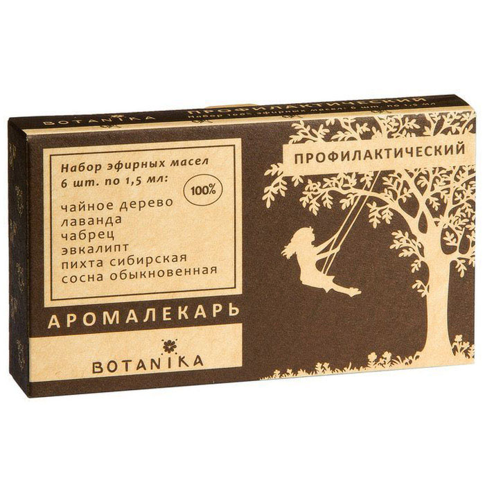 Botanika набор эфирных масел Профилактический, 6x1,5 мл00007898 Botanika набор эфирных масел Профилактический, 6x1,5 мл00007898Лаванда. Повышает способность организма сопротивляться болезнетворным бактериям. Пихта сибирская. Природные провитамины и фитонциды убивают бактерии, находящиеся в окружающем нас воздухе и стимулируют иммунитет организма. Сосна обыкновенная. Облегчает дыхание и регулирует кровообмен в дыхательных путях и легких. Аромат дарит легкость, уверенность в себе. Чабрец. Стимулирует иммунитет и выступает активным средством профилактики простудных заболеваний. Подходит для детей. Активизирует выработку антител к бактериям и вирусам. Чайное дерево. Помогает организму противостоять инфекционным заболеваниям. Благодаря активизации работы белых кровяных телец, защищает от развития патогенных микроорганизмов. Стимулирует вывод токсинов с потом. вкалипт. Поднимает иммунитет, позволяя быстро побороть возникающие заболевания. Обеспечивает приток кислорода в кровь.