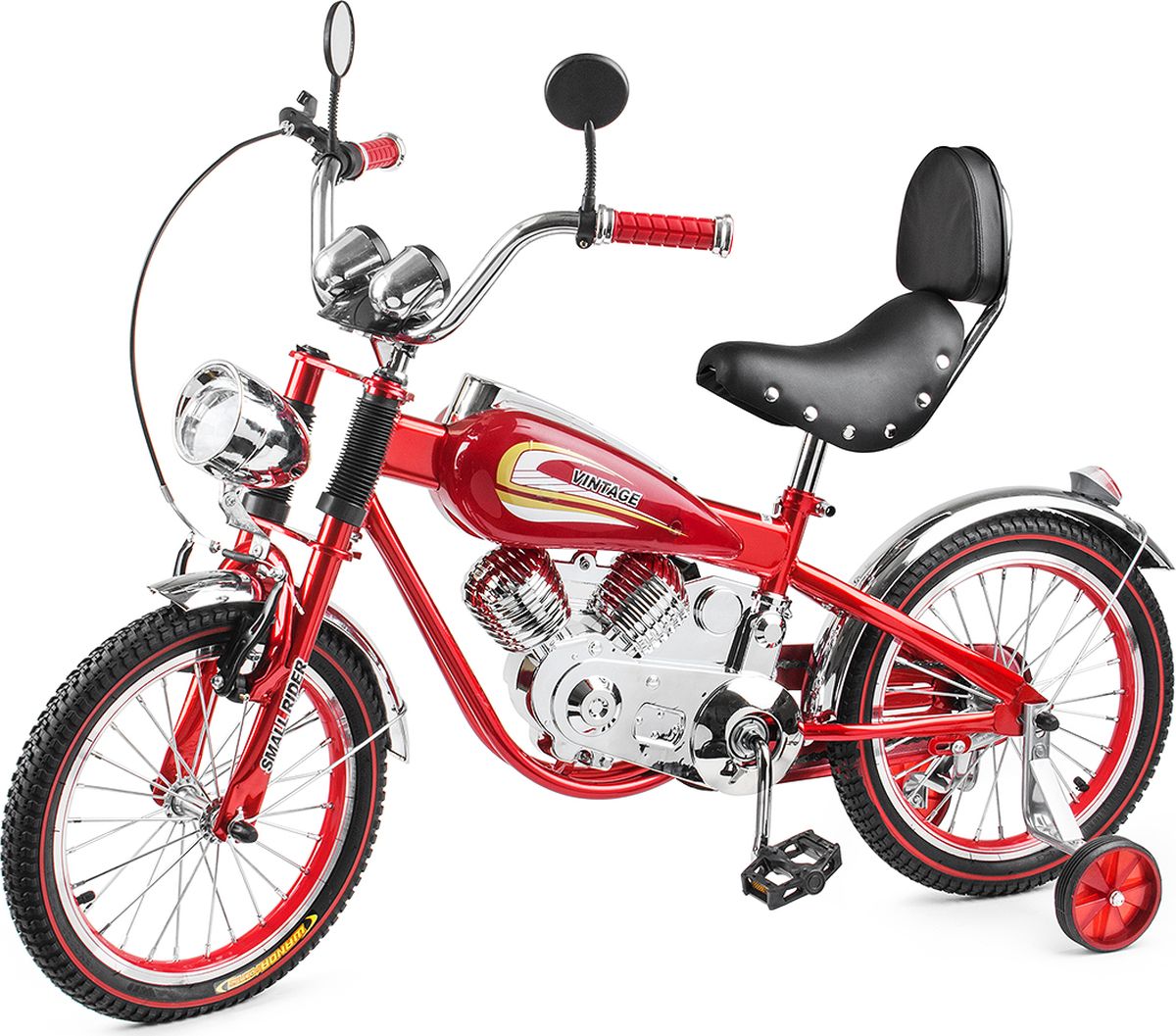 Small Rider Велосипед-мотоцикл детский Motobike Vintage цвет красный1224967 Small Rider Велосипед-мотоцикл детский Motobike Vintage цвет красный1224967Шикарный и привлекающий взгляды. При первом взгляде на Small Rider Motobike Vintage даже не верится, что это детский велосипед. Он выглядит завораживающе и шикарно. Это,скорее, коллекционный мотоцикл в уменьшенном размере. Все в нем сверкает, блестит и переливается, подчеркивая дороговизну каждого элемента. Стилизация поражает правдоподобностью - мотор, бензобак, спидометр, амортизаторы, сиденье с клепками, фонарь, зеркальца - все как у настоящего мотоцикла! Обучающий детский велосипед. Несмотря на свое великолепие, Мотобайк Винтаж имеет традиционный функционал детского велосипеда и легко приводится в движение с помощью педалей. Очень важно - в комплекте идут поддерживающие колесики, которые помогут ребенку привыкнут к велосипеду и научиться одновременно рулить и крутить педали. Он подойдет детям уже с 4-х лет. Так что, Small Rider Motobike Vintage - отличный вариант, чтобы научиться кататься на велосипеде, причем сделать это с шиком, вызвав...