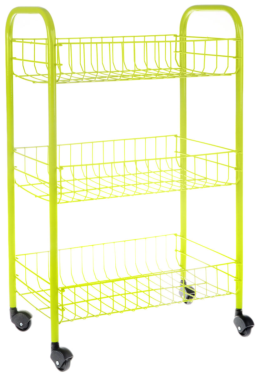 Этажерка Metaltex Siena Color, 3-уровневая, цвет: салатовый, 41 x 23 x 63 см. 34.06.33-12534.06.33-125_салатовый Этажерка Metaltex Siena Color, 3-уровневая, цвет: салатовый, 41 x 23 x 63 см. 34.06.33-12534.06.33-125_салатовыйЭтажерка Metaltex Siena Color с тремя полками выполнена из высококачественной стали, окрашенной краской, содержащей эпоксидный порошок. Очень удобная и компактная, но в то же время вместительная, она прекрасно впишется в пространство любого помещения. Ее можно установить в ванной комнате, и ваши шампуни, гели для душа и различные крема всегда будут под рукой; на кухне этажерку можно использовать для хранения посуды и продуктов. Благодаря пластиковым колесикам этажерку можно перемещать в любую сторону без особых усилий. Размер этажерки (в собранном виде): 41 х 23 х 63 см.