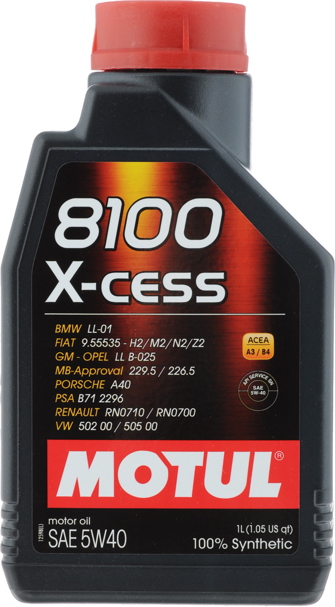Масло моторное Motul 8100 X-Cess, синтетическое, 5W-40, 1 л102784 Масло моторное Motul 8100 X-Cess, синтетическое, 5W-40, 1 л102784100% синтетическое моторное масло для бензиновых и дизельных двигателей. Высокотехнологичное 100% синтетическое моторное масло, специально разработано для современных двигателей легковых автомобилей обладающих большой мощностью и объемом, для бензиновых и дизельных двигателей с непосредственным впрыском, оснащенных системами нейтрализации отработанных газов. 8100 X-cess 5W-40 - имеет многочисленные допуски автопроизводителей, что позволяет применять его в гарантийный период. Применяется в двигателях, работающих на всех сортах бензина, дизельного и газового топлива (LPG). ACEA Стандарты: ACEA A3/B4 API Стандарты: API SN/CF Одобрения: OPEL GM LL-B-025; MB-Approval 229.5; BMW LL-01; PORSCHE A40; VW 502 00/505 00; Renault RN 0710/0700; GM-Opel LL B-025 (Diesel); FIAT 9.55535-H2; FIAT 9.55535-M2; FIAT 9.55535-N2; FIAT 9.55535-Z2; PSA B71 2296.