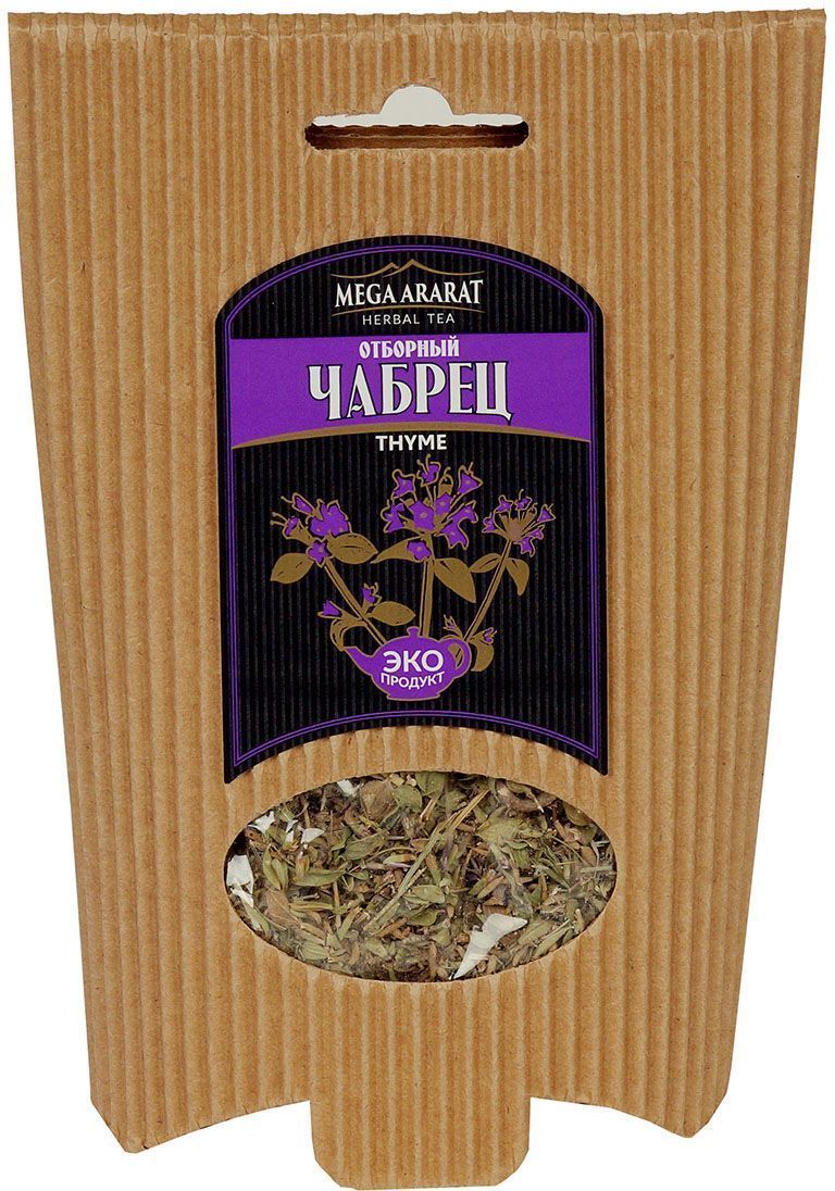 Mega Ararat Чабрец листья и цветки травяной чай листовой, 30 г4850005720115 Mega Ararat Чабрец листья и цветки травяной чай листовой, 30 г4850005720115Mega Ararat Чабрец - натуральный продукт из высокогорных, экологически чистых регионов Армении ручной сборки и традиционной сушки без химических добавок. Благодаря высокому содержанию в растении целебного эфирного масла чайный напиток чабреца применяют для повышения работоспособности и жизнедеятельности организма. Эффективен для людей, страдающих бессонницей, депрессией, мигренью, поскольку регулирует деятельность нервной системы. Как приправа улучшает запах и вкус овощных блюд, превосходен при готовке свинины, говядины, баранины, домашней птицы, рыбы, супа из чечевицы, гороха и фасоли. Применяется при копчении продуктов и засолке овощей.