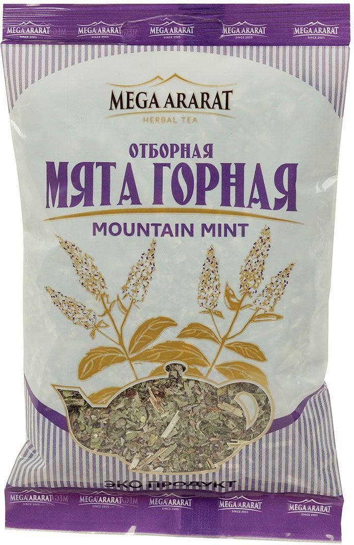 Mega Ararat Мята горная отборная травяной чай листовой, 25 г4850005720191 Mega Ararat Мята горная отборная травяной чай листовой, 25 г4850005720191Mega Ararat Мята горная - натуральный продукт из высокогорных, экологически чистых регионов Армении ручной сборки и традиционной сушки без химических добавок. Мятный чай нормализует давление, улучшает работу сердца, хороший помощник при мигрени, простудных заболеваниях. Чайный напиток мяты эффективен при расстройствах желудка, помогает улучшить пищеварение, снять тошноту, укрепить организм при упадке сил. На нервную систему мята оказывает комплексное воздействие: тонизирует, успокаивает, избавляет от бессонницы, улучшает работу мозга.