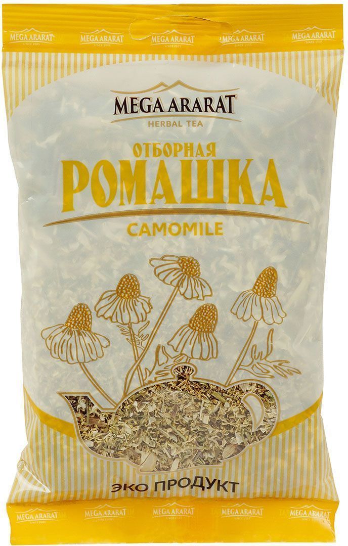 Mega Ararat Ромашка цветки травяной чай листовой 50 г4850005720221 Mega Ararat Ромашка цветки травяной чай листовой 50 г4850005720221Mega Ararat Ромашка цветки - натуральный продукт из высокогорных, экологически чистых регионов Армении ручной сборки и традиционной сушки без химических добавок. Ромашковый чай обладает сильным антисептическим свойством. Используется для профилактики простудных заболеваний, может снимать воспаление и спазмы при заболеваниях желудка, уменьшать боль. Снижает риск возникновения камней в почках и желчном пузыре. Оказывает мягкое успокаивающее действие на центральную нервную систему, помогает справиться с негативным воздействием стрессов, бессонницей.