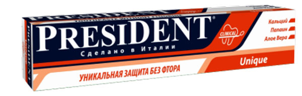 President Зубная паста Unique, 75 мл4310-502269 President Зубная паста Unique, 75 мл4310-502269President Unique зубная паста - это уникальное средство с системой кальция, которое рекомендуется всем живущим в регионе с повышенным содержанием фтора в воде. Особенности пасты President Unique: - контролируемая абразивность RDA 75 - аморфный и химически-инертный кремний обеспечивает эффективное и безопасное удаление зубного налета, предотвращает образование зубного камня. - средство можно применять каждый день, что отличает ее от прочих медицинских зубных паст, которые необходимо использовать только в течение определенного времени. - защита от бактерий, вызывающих кариес. - эффективно и бережно удаляет бактериальный налёт. - быстрое восстановление блеска, гладкости эмали, природной белизны зубов. - благотворно влияет на дёсны, предупреждает кровоточивость. - является богатым источником кальция и фосфатов. Объем 75 мл.