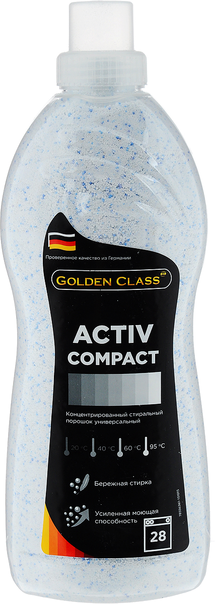 Стиральный порошок Golden Class Activ Compact, концентрированный, универсальный, 1,75 кг06102 Стиральный порошок Golden Class Activ Compact, концентрированный, универсальный, 1,75 кг06102Стиральный порошок Golden Class Activ Compact предназначен для стирки изделий из хлопчатобумажных, льняных, синтетических, смесовых, белых и цветных тканей при температуре от 20 до 95°С. Для изделий из шерсти и натурального шелка используйте специальные моющие средства. Activ Compact - это порошок с пониженным пенообразованием, который специально разработан для стирки белья в автоматических стиральных машинах всех типов. Благодаря инновационной технологии порошок отлично удаляет даже самые сложные пятна. Гранулы пятновыводителя быстро растворяются в воде и начинают действовать на пятно уже в самом начале стирки. Специальные отбеливающие компоненты сделают ваше белье белоснежным. Особенности: - Защита структуры волокон ткани и препятствие появлению катышек. - Не содержит фосфатов. - Содержит вещества, препятствующие образованию накипи. - Придает белью приятный свежий аромат. - Предварительная стирка не требуется. Экономичность: 1...