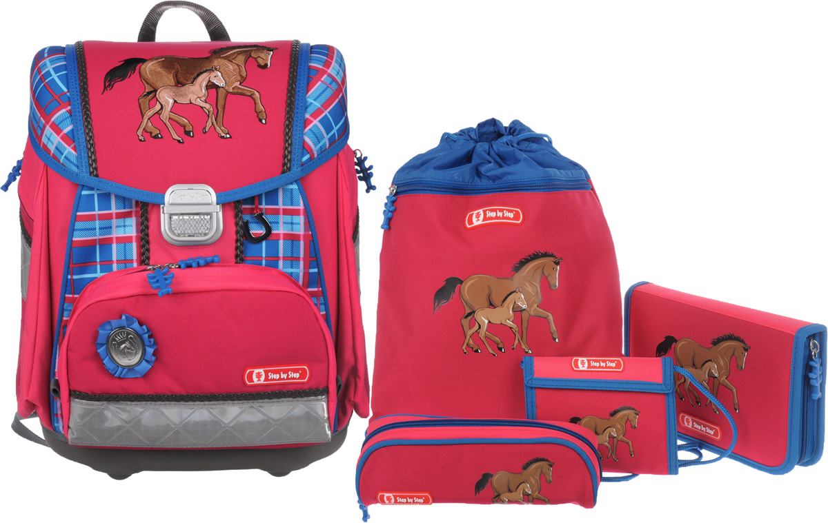 Hama Step by Step Ранец школьный Touch Horse Family с наполнением 4 предмета129838 Hama Step by Step Ранец школьный Touch Horse Family с наполнением 4 предмета129838Ранец с наполнением Hama Touch Horse Family имеет все, что необходимо ученику. Рюкзак закрывается на клапан с фастексом и имеет одно вместительное отделение, внутри которого располагается отделение для тетрадей, пришивной карман на молнии, прорезной карман на застежке-молнии и карабин для ключей. Также рюкзак оснащен карманом для тетрадей, который фиксируется хлястиком на липучке. Рюкзак также имеет два боковых кармана на молнии и передний карман на молнии с прокладкой из термальной фольги. Эргономическая спинка с мягкими, регулируемыми по высоте наплечными ремнями и нагрудный ремень обеспечивают максимальный комфорт. Жесткая каркасная конструкция защитит учебники и тетради, а ортопедическая спинка поможет формированию правильной осанки. Рюкзак оформлен изображениями лошадок, а также дополнен светоотражающими элементами, которые сделают ребенка более заметным в темное время суток. Под клапаном расположен вкладыш для расписания уроков и...