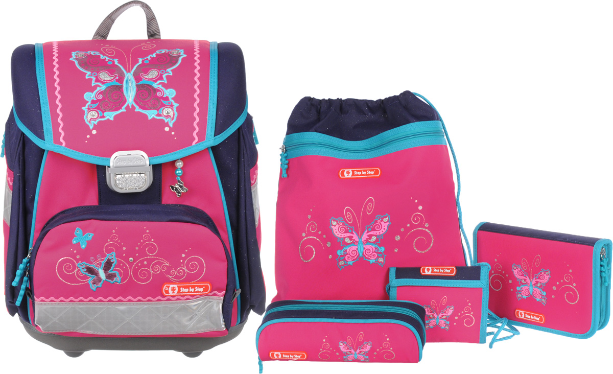 Hama Step by Step Ранец школьный Touch Butterfly Dancer с наполнением 4 предмета129071 Hama Step by Step Ранец школьный Touch Butterfly Dancer с наполнением 4 предмета129071Ранец с наполнением Hama Touch Butterfly Dancer имеет все, что необходимо ученику. Ранец закрывается на клапан с фастексом и имеет одно вместительное отделение, внутри которого располагается отделение для тетрадей, пришивной карман на молнии, прорезной карман на застежке-молнии и карабин для ключей. Также ранец оснащен карманом для тетрадей, который фиксируется хлястиком на липучке. Ранец также имеет два боковых кармана на молнии и передний карман на молнии с прокладкой из термальной фольги. Эргономическая спинка с мягкими, регулируемыми по высоте наплечными ремнями и нагрудный ремень обеспечивают максимальный комфорт. Жесткая каркасная конструкция защитит учебники и тетради, а ортопедическая спинка поможет формированию правильной осанки. Ранец оформлен изображениями сверкающих бабочек, а также дополнен светоотражающими элементами. Под клапаном расположен вкладыш для расписания уроков и хлястики для фиксации пенала. Прочное пластиковое основание с...