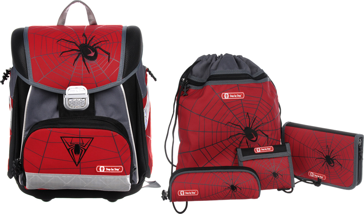 Hama Step by Step Ранец школьный Touch Black Widow с наполнением 4 предмета129095 Hama Step by Step Ранец школьный Touch Black Widow с наполнением 4 предмета129095Ранец с наполнением Hama Touch Black Widow имеет все, что необходимо ученику для комфорта. Ранец закрывается на клапан с фастексом и имеет одно вместительное отделение, внутри которого располагается отделение для тетрадей, пришивной карман на молнии, прорезной карман на застежке-молнии и карабин для ключей. Также ранец оснащен карманом для тетрадей, который фиксируется хлястиком на липучке. Ранец также имеет два боковых кармана на молнии и передний карман на молнии с прокладкой из термальной фольги. Эргономическая спинка с мягкими, регулируемыми по высоте наплечными ремнями и нагрудный ремень обеспечивают максимальный комфорт. Жесткая каркасная конструкция защитит учебники и тетради, а ортопедическая спинка поможет формированию правильной осанки. Ранец оформлен изображениями пауков в паутине, а также дополнен светоотражающими элементами. Под клапаном расположен вкладыш для расписания уроков и хлястики для фиксации пенала. Прочное...