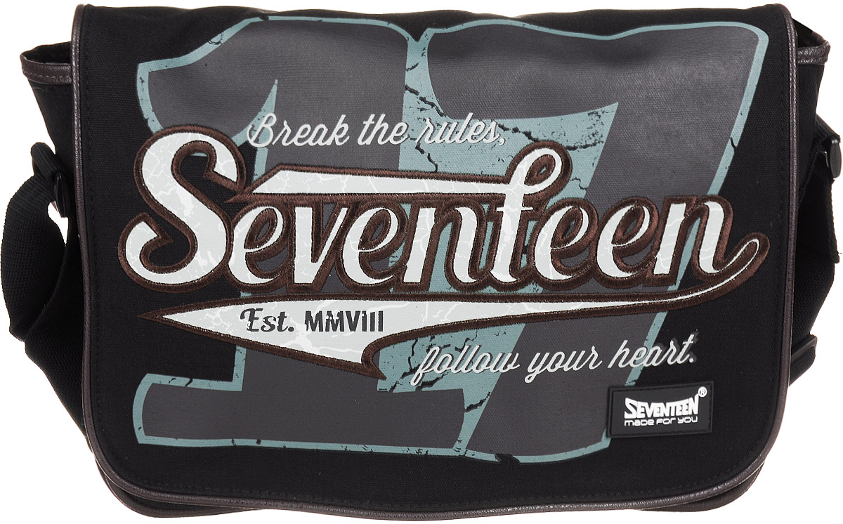 Seventeen Сумка школьнаяSVCB-RT4-9532 Seventeen Сумка школьнаяSVCB-RT4-9532Стильная школьная сумка Seventeen смотрится совершенно уникально. Сумка изготовлена из прочного материала черного цвета и оформлена надписями. Сумка имеет одно основное отделение, которое закрывается на клапан с магнитной застежкой. Основное отделение разделено карманом на молнии. Сумка декорирована ремешками из искусственной кожи с металлической фурнитурой. Сумка имеет одну лямку, которая регулируется по длине. Такую сумку можно использовать для повседневных прогулок, учебы, отдыха или спорта.