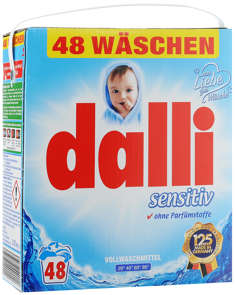 Стиральный порошок Dalli Sensitiv, с антиаллергенным составом, 3,12 кг528103 Стиральный порошок Dalli Sensitiv, с антиаллергенным составом, 3,12 кг528103Стиральный порошок Dalli Sensitiv специально разработан для ухода за бельем и одеждой детей и людей с чувствительной кожей. Имеет антиаллергенный состав. Разработан совместно с немецким союзом аллергиков и астматиков и проверен дерматологически. Порошок с новой формулой и ОХI эффектом для глубокой очистки волокон превосходно удаляет даже трудновыводимые и застарелые загрязнения. Передовая рецептура с водорастворимыми гранулами препятствует образованию остатка стирального порошка на белье и одежде, при этом великолепно отстирывая всевозможные загрязнения и пятна. Идеальная чистота и свежесть белья достигается уже при 20°С, что позволяет экономить. Белье и одежда снова становятся чистыми и ухоженными. Порошок подходит для ручной и машинной стирки белого и цветного белья из хлопка, льна, искусственных волокон. Не рекомендуется для стирки изделий из шерсти и шелка. Не содержит фосфатов, ароматизаторов и красителей. Одна упаковка рассчитана на 48 стирок. Товар...