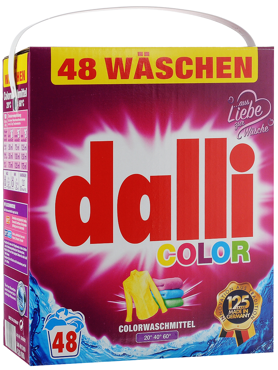 Стиральный порошок Dalli Color, для цветных тканей, 3,12 кг528080 Стиральный порошок Dalli Color, для цветных тканей, 3,12 кг528080Стиральный порошок Dalli Color с активной системой долговременной защиты цвета надежно предохраняет цветные ткани от выцветания, потери яркости и насыщенности окраски, предотвращает смешивание красок. Цвета даже после многочисленных стирок остаются интенсивными и сияющими. Средство обладает безупречным отстирывающим показателем, удаляет даже застарелые трудновыводимые загрязнения. Порошок подходит как для ручной, так и для машинной стирки в воде любой жесткости при температуре от 20 до 60°С. Добавление средства для уменьшения жесткости воды не требуется. Порошок придает белью и одежде приятный аромат свежести. Не содержит отбеливателей и оптических осветлителей. Рекомендуется использовать для хлопка, искусственных волокон, смесовых тканей, вискозы, синтетических волокон (полиакрил, полиамид, полиэстер). Не рекомендуется применять для шерсти и шелка. Одна упаковка рассчитана на 48 стирок. Товар сертифицирован.