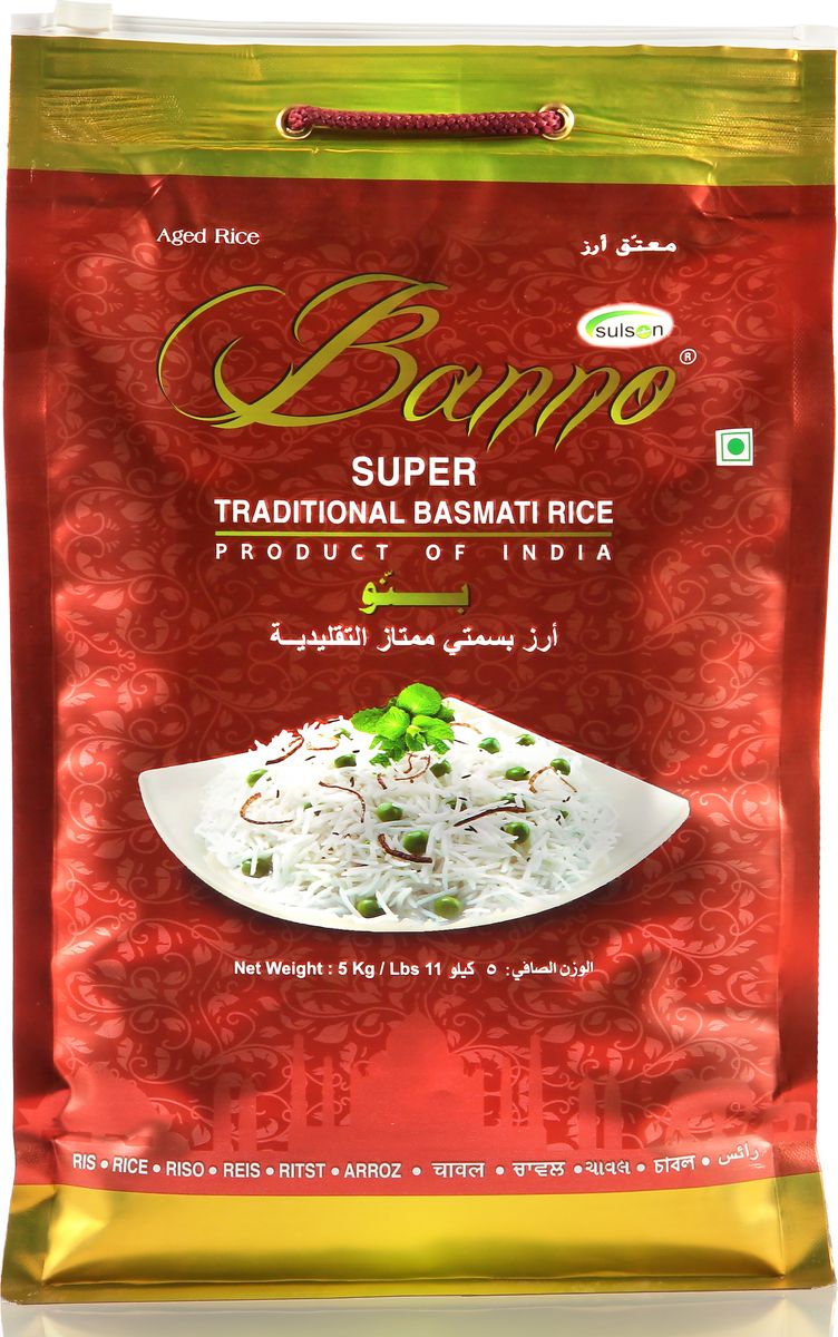 Banno Super Traditional басмати рис, 5 кгBSUT5 Banno Super Traditional басмати рис, 5 кгBSUT5Супер традиционный рис басмати со своеобразной пушистостью, выдержка риса 1 год, длина риса в приготовленном виде 15,42