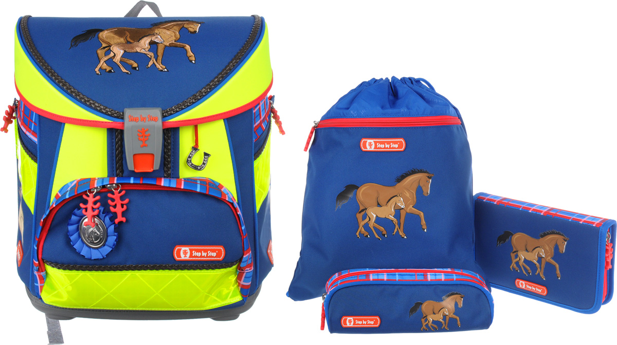 Hama Step by Step Ранец школьный Light Din Horse Family с наполнением 3 предмета138334 Hama Step by Step Ранец школьный Light Din Horse Family с наполнением 3 предмета138334Ранец с наполнением Hama Light Din Horse Family имеет все, что необходимо ученику. Ранец закрывается на клапан с фастексом и имеет одно вместительное отделение, внутри которого располагается разделитель для тетрадей и бумаг формата А4. Ранец также имеет два боковых кармана на молнии и передний карман на молнии с прокладкой из термальной фольги. Эргономическая спинка с мягкими, регулируемыми по высоте наплечными ремнями и нагрудный ремень обеспечивают максимальный комфорт. Жесткая каркасная конструкция защитит учебники и тетради, а ортопедическая спинка поможет формированию правильной осанки. Ранец оформлен изображениями лошадок, а также дополнен светоотражающими элементами. Под клапаном расположен вкладыш для расписания уроков и хлястики для фиксации пенала. Прочное пластиковое основание с увеличенными ножками защитит дно от влаги и грязи. В комплект также входят пенал с наполнением, пенал овальный без наполнения и мешок для обуви со ...